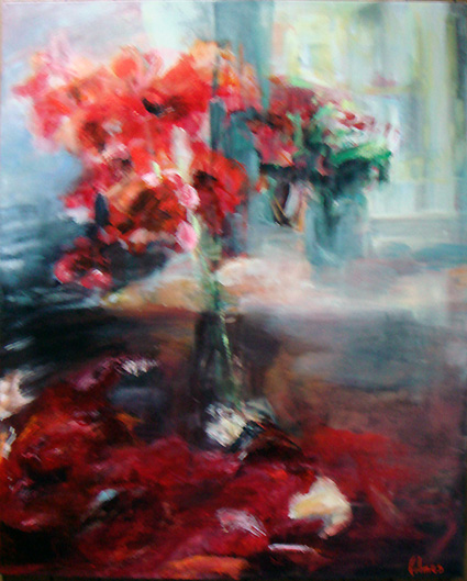 Red flowers on the studio